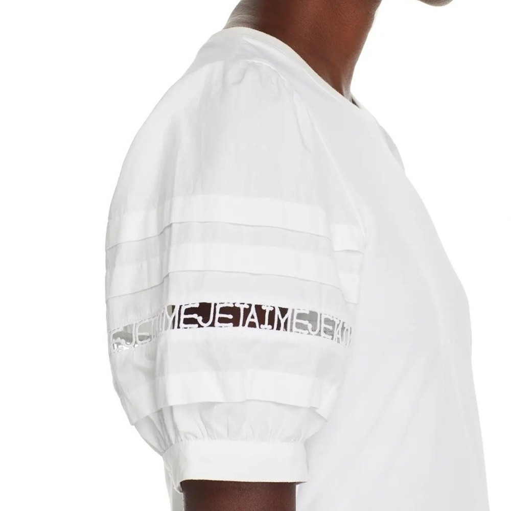 Cinq a Sept Corianna Puff Pleated Sleeve Je Taime Embroidered Tee White Small - Picture 3 of 10